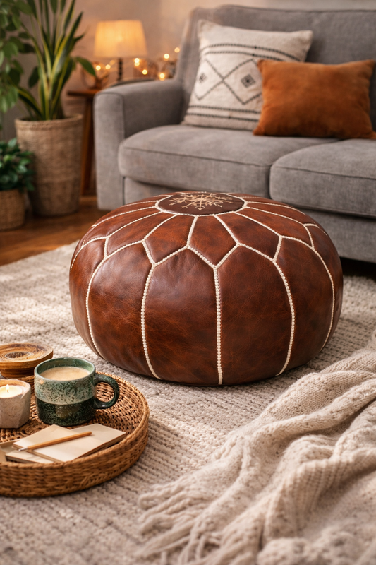Round Leather Pouf