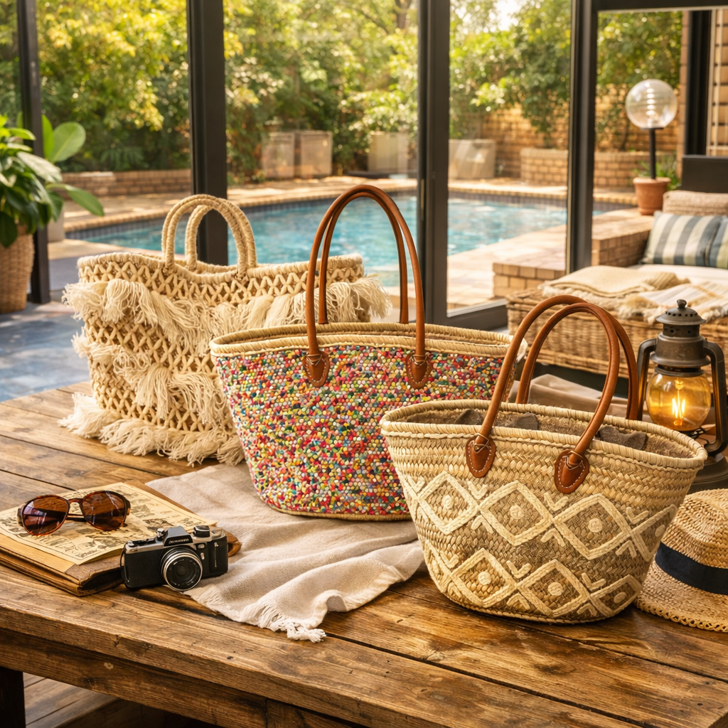 Handwoven Straw Tote Bag with Leather Handles