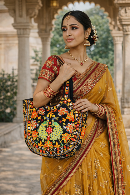 Embroidered Peacock Tote Bag