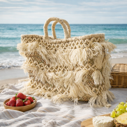 Handwoven Straw Tote Bag with Leather Handles